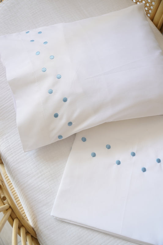 Ensemble Drap + Coussin Naissance Brodé Bleu Ciel