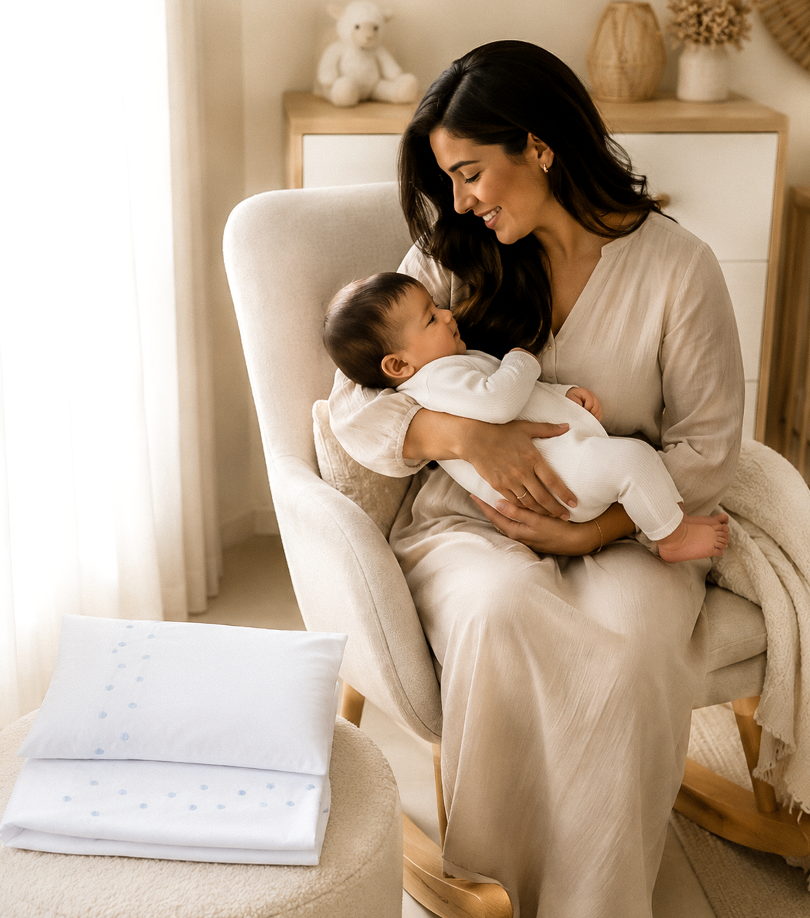 Ensemble Drap + Coussin Naissance Brodé Bleu Ciel