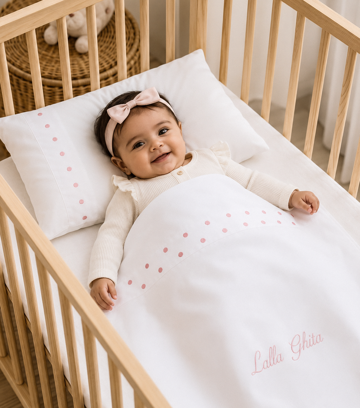 Ensemble Drap + Coussin Naissance Brodé Rose Poudre