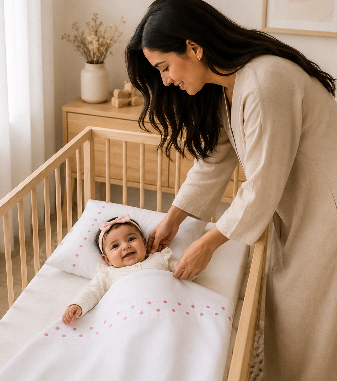 Ensemble Drap + Coussin Naissance Brodé Rose Poudre