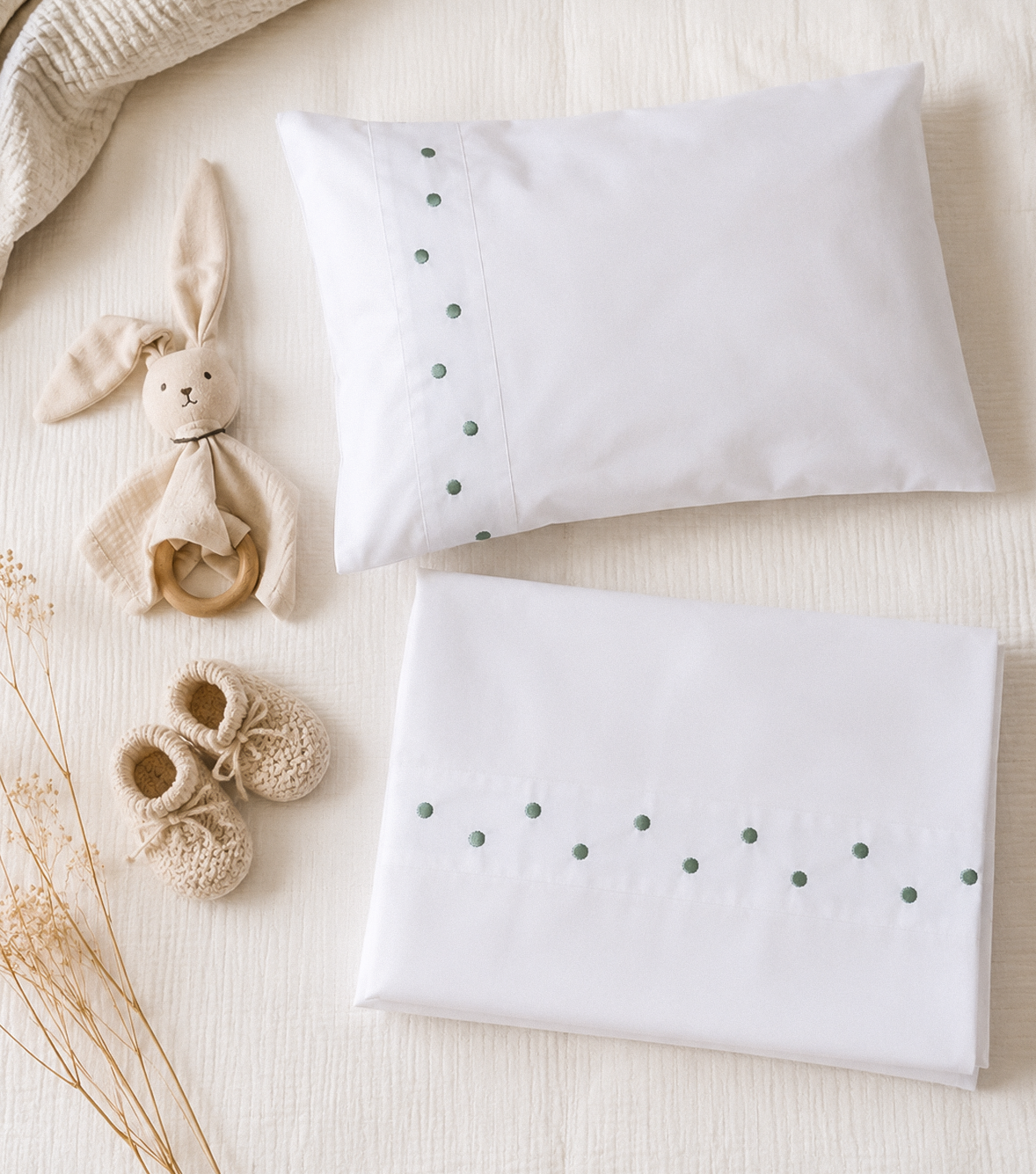 Ensemble Drap + Coussin Naissance Brodé Vert Eau