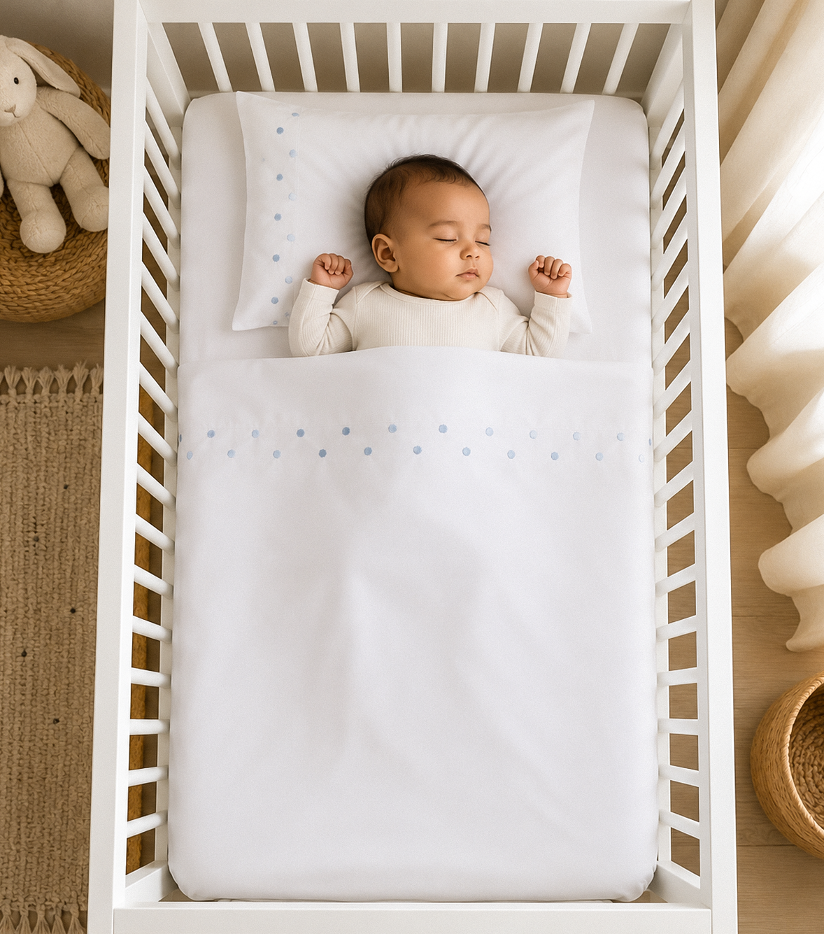 Ensemble Drap + Coussin Naissance Brodé Bleu Ciel