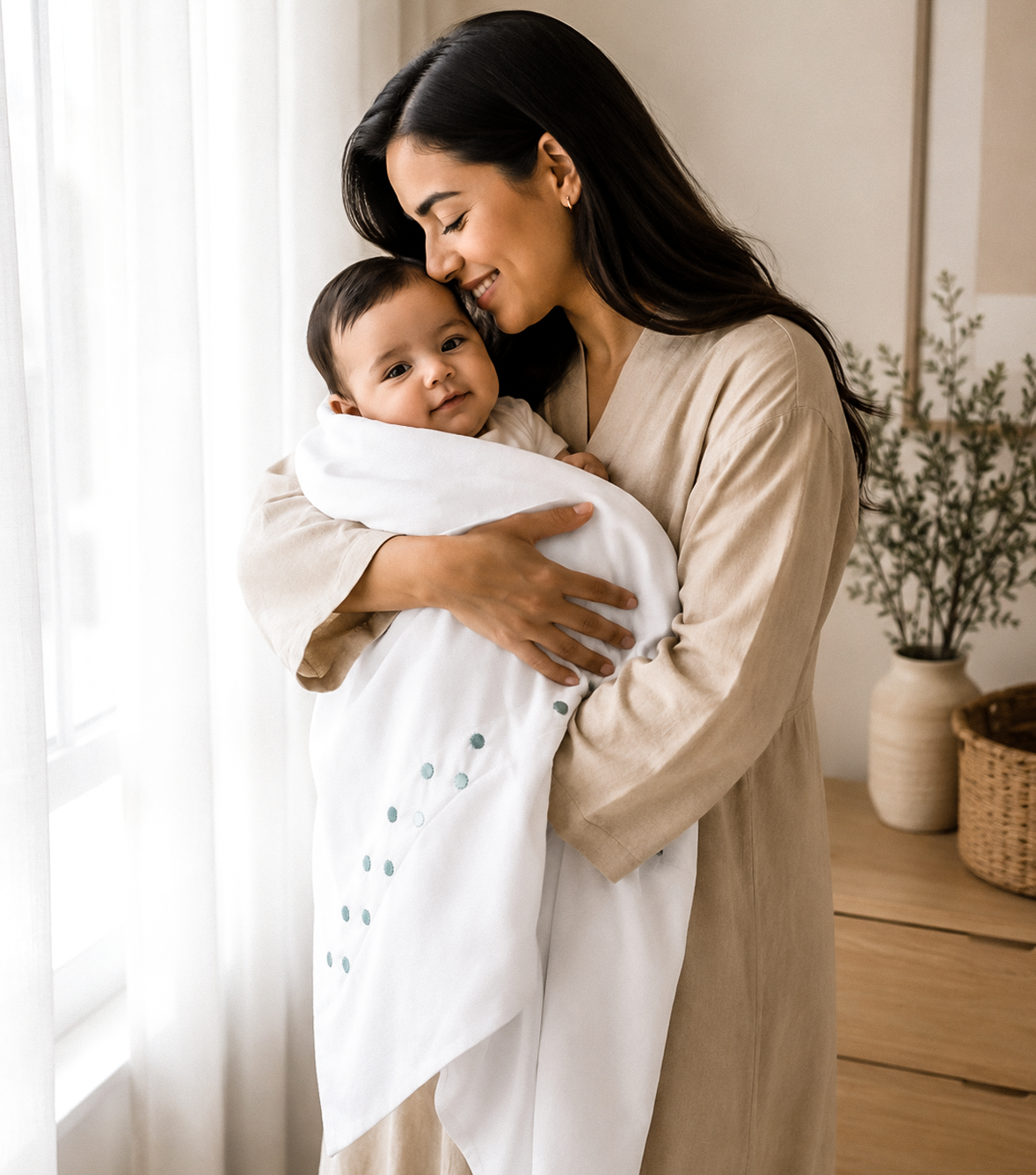 Ensemble Drap + Coussin Naissance Brodé Vert Eau